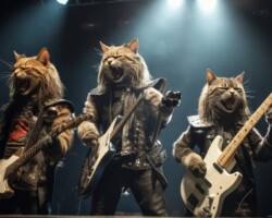 Metallicats. A heavy metal band comprised of angry cats. Text-to-image generated by Midjourney.