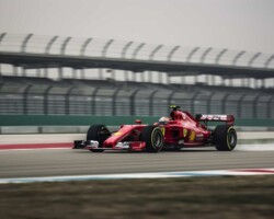 Ferrari Formula 1 car in motion. Text-to-image generated by Midjourney.