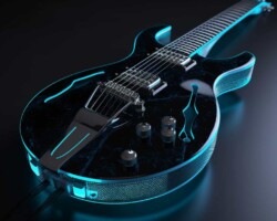 An electric guitar with the aesthetic of the movie Tron Legacy. Text-to-image generated with Midjourney.