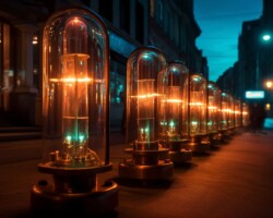Glowing vacuum tubes on a city street. Text-to-image generated with Midjourney.