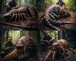 a photo of a hunter with a trophy kill of a dead oversized insect.Text-to-image generated with Midjorney.