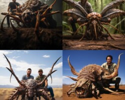 a photo of a hunter with a trophy kill of a dead oversized insect.Text-to-image generated with Midjorney.