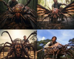 a photo of a hunter with a trophy kill of a dead oversized insect.Text-to-image generated with Midjorney.